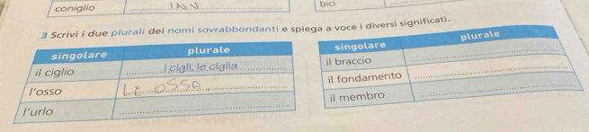 coniglio_ 
bic 
_ 
3 Scrivi i due plurali dei nomi sovrabbondanti e sgnificati.