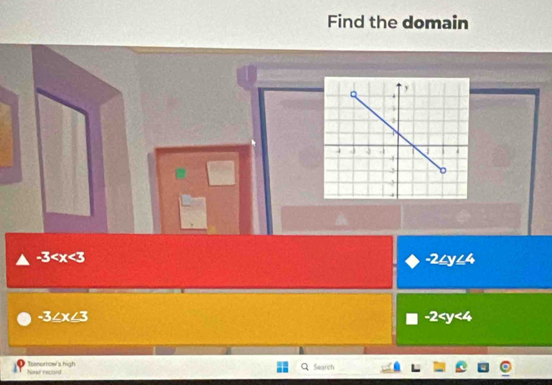 Find the domain
-3
-2≤ y≤ 4
-3≤ x≤ 3
-2
Tomorrow's high Search
Near record