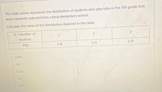 The table below represents the distribution of students who play tuba in the 5th grade that
were randomly selected from a local elementary school.
e distribution depicted in the table.
0.375
5.5
0.125
2.25
2.125