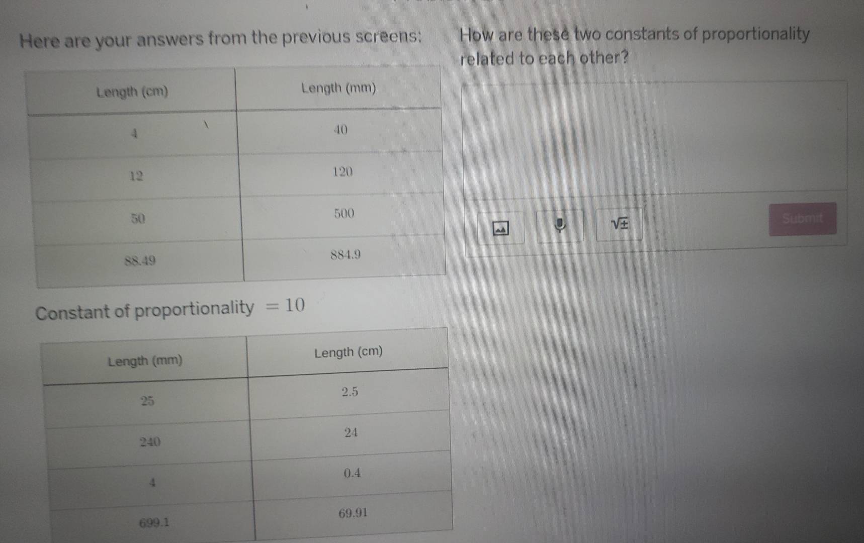 Here are your answers from the previous screens: How are these two constants of proportionality 
ted to each other? 
Submit
sqrt(± )
Constant of proportionality =10