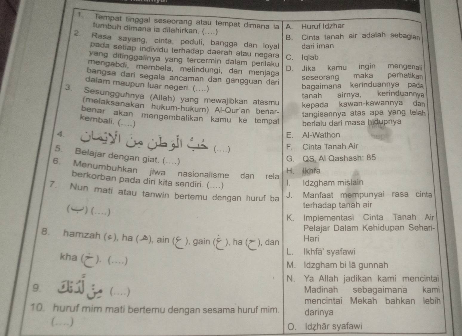 Tempat tinggal seseorang atau tempat dimana ia A. Huruf Idzhar
tumbuh dimana ia dilahirkan. (....)
B. Cinta tanah air adalah sebagian
2. Rasa sayang, cinta, peduli, bangga dan loyal dari iman
pada setiap individu terhadap daerah atau negara C. Iqlab
yang ditinggalinya yang tercermin dalam perilaku
D. Jika kamu ingin mengenali
mengabdi, membela, melindungi, dan menjaga
bangsa dari segala ancaman dan gangguan dari
seseorang maka perhatikan
dalam maupun luar negeri. (....)
bagaimana kerinduannya pada
tanah airnya, kerinduannya
3. Sesungguhnya (Allah) yang mewajibkan atasmu kepada kawan-kawannya dan
(melaksanakan hukum-hukum) Al-Qur'an benar- tangisannya atas apa yang telah
benar akan mengembalikan kamu ke tempat
kembali. (....) berlalu dari masa hidupnya
E. Al-Wathon
4. Öhayl ón úh gi é' .... )
F. Cinta Tanah Air
5. Belajar dengan giat. (…..)
G. QS. Al Qashash: 85
6. Menumbuhkan jiwa nasionalisme dan rela
H. Ikhfa
berkorban pada diri kita sendiri. (....)
I. Idzgham miślain
7. Nun mati atau tanwin bertemu dengan huruf ba
J. Manfaat mempunyai rasa cinta
terhadap tanah air
( ) (…)
K. Implementasi Cinta Tanah Air
Pelajar Dalam Kehidupan Sehari-
8. hamzah (¢), ha (), ain (  ), gain ( ), ha ( ), dan Hari
L. Ikhfā' syafawi
kha ( ). (…)
M. Idzgham bi lā gunnah
N. Ya Allah jadikan kami mencintai
9. aiy (…) Madinah sebagaimana kami
mencintai Mekah bahkan lebih
10 huruf mim mati bertemu dengan sesama huruf mim. darinya
(…)
O. Idẓhār syafawi