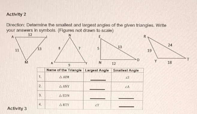 Activity 2
Direction: Determine the smallest and largest angles of the given triangles. Write
Activity 3