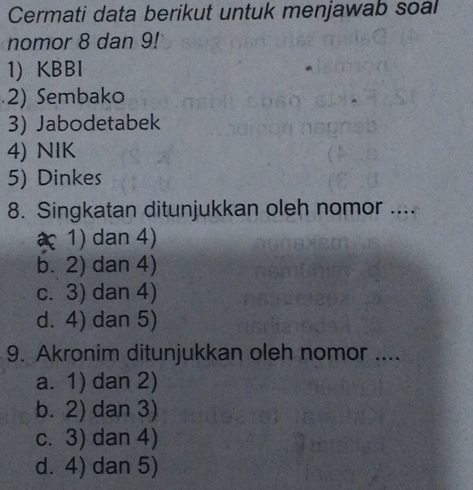 Cermati data berikut untuk menjawab soal
nomor 8 dan 9!
1) KBBI
2) Sembako
3) Jabodetabek
4) NIK
5) Dinkes
8. Singkatan ditunjukkan oleh nomor ....
1) dan 4)
b. 2) dan 4)
c. 3) dan 4)
d. 4) dan 5)
9. Akronim ditunjukkan oleh nomor ....
a. 1) dan 2)
b. 2) dan 3)
c. 3) dan 4)
d. 4) dan 5)