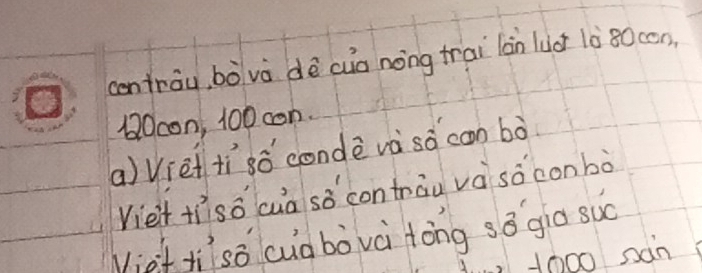 centrau, bòvà dè cua nong trai làn luo 10 80con,
10con, 100con. 
(a) Viet físǒ conde và sǒ con bò 
Vieit tisǒ cua sǒ contāu vá sǒconbò 
Vief ti sǒ cug bòvà tòng sā gio suǒ
1000sàn