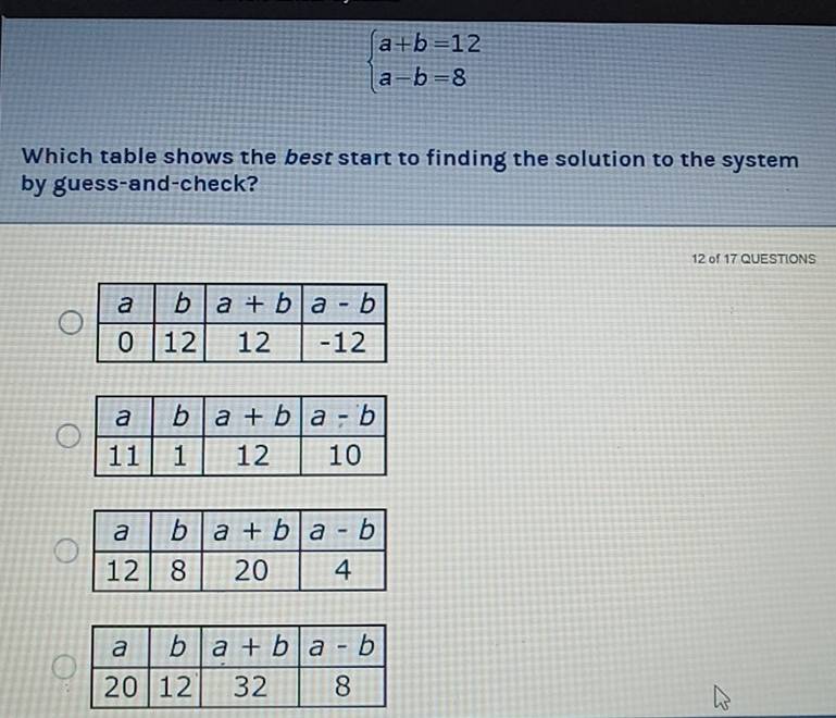 beginarrayl a+b=12 a-b=8endarray.
Which table shows the best start to finding the solution to the system
by guess-and-check?
12 of 17 QUESTIONS