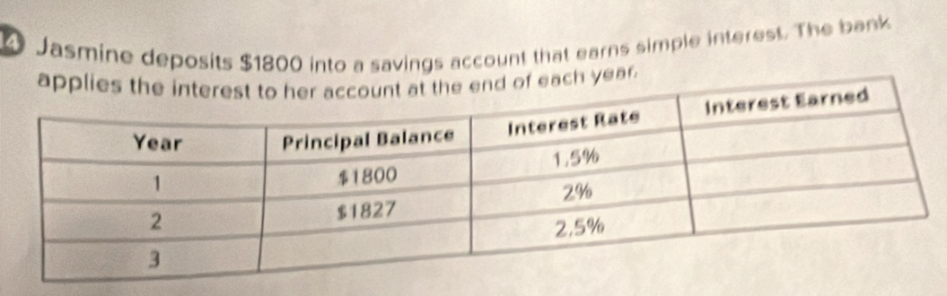 Jasmine deposits $1800 into a savings account that earns simple interest. The bank 
h year.