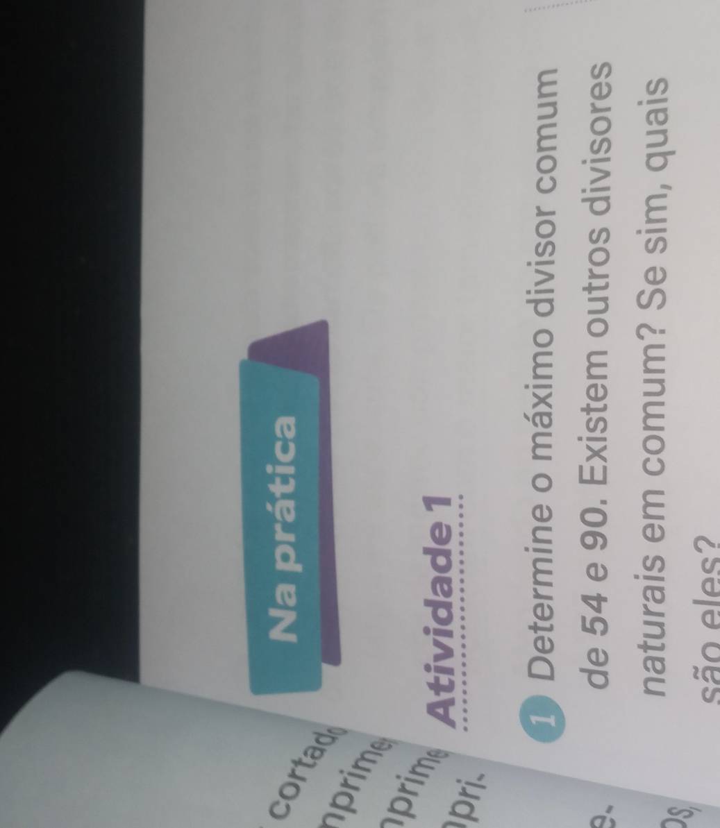 Na prática 
cortad 
prime 
pim 
Atividade 1 
pri. 
10 Determine o máximo divisor comum
9 、 
de 54 e 90. Existem outros divisores 
naturais em comum? Se sim, quais 
S 
são eles?