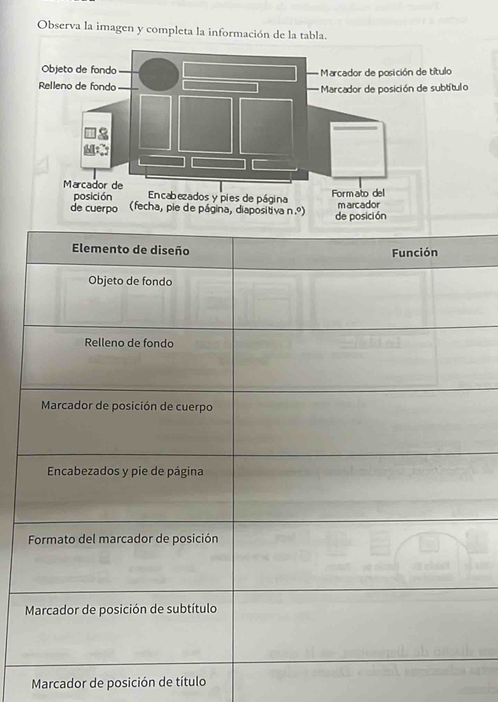 Observa la imagen y completa la información de la tabla. 
Marcador de posición de título