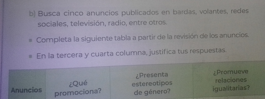 Busca cinco anuncios publicados en bardas, volantes, redes 
sociales, televisión, radio, entre otros. 
Completa la siguiente tabla a partir de la revisión de los anuncios. 
En la tercera y cuarta columna, justifica tus respuestas.