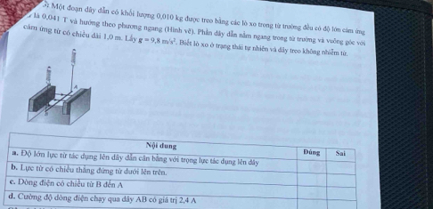 Ct Một đoạn đây dẫn có khổi lượng 0,010 kg được treo bằng các lò xo trong từ trường đều có độ lớn cảm ứng 
7 là 0,041 T và hưởng theo phương ngang (Hình vẽ). Phần dây dẫn nằm ngang trong từ trường và vuỡng góc với 
căm ứng từ có chiều đài 1,0 m. Lấy g=9,8m/s^2. Biết lò xo ở trạng thái tự nhiên và đây treo không nhiễm từ,