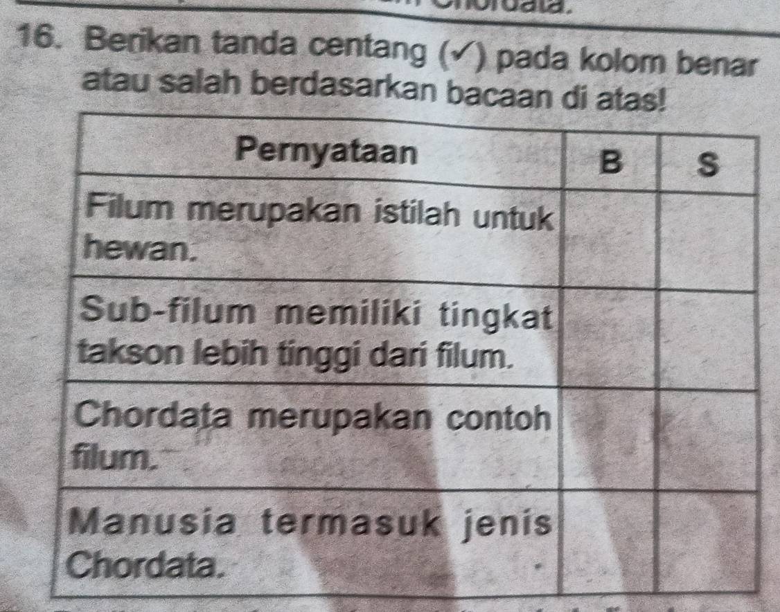 Berikan tanda centang (√) pada kolom benar 
atau salah berdasarkan ba