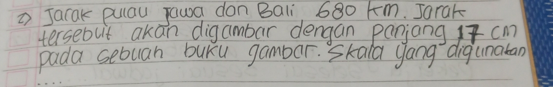 Jacak pulay jawa don Bali, 680 Fm. Jarak 
tersebut akan digambar dengan panjang I cm
pada sebuan buKu gambar. Skald yang digunatan