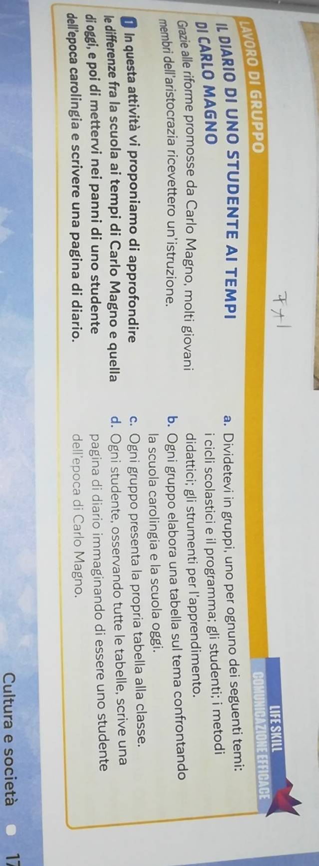 LIFE SKILL 
LAVORO DI GRUPPO 
COMUNICAZIONE EFFICACE 
IL DIARIO DI UNO STUDENTE AI TEMPI a. Dividetevi in gruppi, uno per ognuno dei seguenti temi: 
DI CARLO MAGNO 
i cicli scolastici e il programma; gli studenti; i metodi 
Grazie alle riforme promosse da Carlo Magno, molti giovani didattici; gli strumenti per l'apprendimento. 
membri dell'aristocrazia ricevettero un'istruzione. 
b. Ogni gruppo elabora una tabella sul tema confrontando 
la scuola carolingia e la scuola oggi. 
In questa attività vi proponiamo di approfondire 
c. Ogni gruppo presenta la propria tabella alla classe. 
le differenze fra la scuola ai tempi di Carlo Magno e quella d. Ogni studente, osservando tutte le tabelle, scrive una 
di oggi, e poi di mettervi nei panni di uno studente 
pagina di diario immaginando di essere uno studente 
dell’epoca carolingia e scrivere una pagina di diario. dell'epoca di Carlo Magno. 
Cultura e società 17