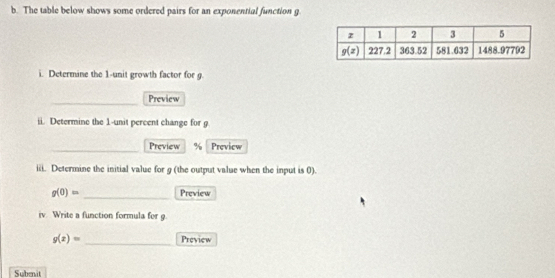 The table below shows some ordered pairs for an exponential function g.
i. Determine the 1-unit growth factor for g.
_
Preview
ii. Determine the 1-unit percent change for g
_Preview % Preview
iii. Determine the initial value for g (the output value when the input is 0).
_
g(0)= Preview
iv Write a function formula for 9
g(x)= _Preview
Submit