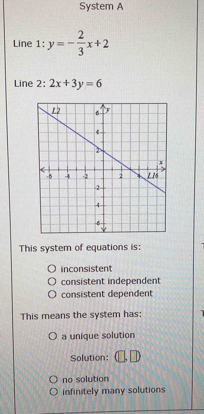 System A
Line 1 _ : :y=- 2/3 x+2
Line 2: 2x+3y=6
This system of equations is:
inconsistent
consistent independent
consistent dependent
This means the system has:
a unique solution
Solution:
no solution
infinitely many solutions