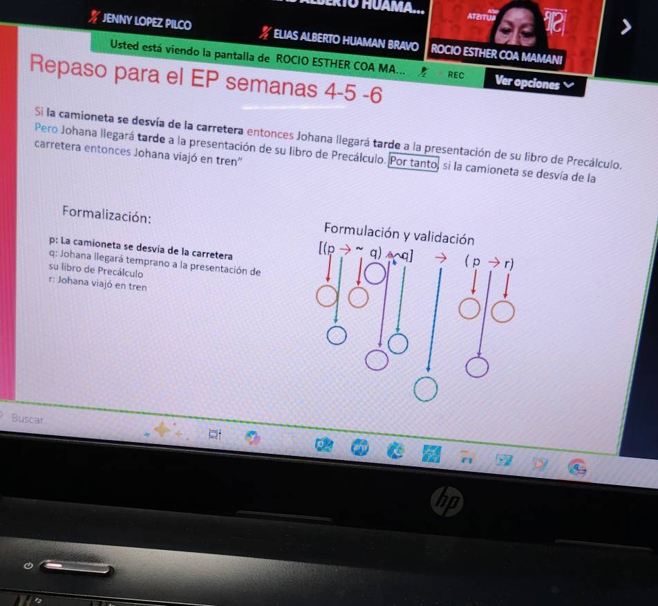 ERTO HUAMA... Ateitu 
JENNY LOPEZ PILCO % ELIAS ALBERTO HUAMAN BRAVO ROCIO ESTHER COA MAMANI 
Usted está viendo la pantalla de ROCIO ESTHER COA MA... Ver opciones 
REC 
Repaso para el EP semanas 4 -5 -6
Si la camioneta se desvía de la carretera entonces Johana llegará tarde a la presentación de su libro de Precálculo. 
carretera entonces Johana viajó en tren' 
Pero Johana llegará tarde a la presentación de su libro de Precálculo. Por tanto, si la camioneta se desvía de la 
Formalización: Formulación y validación
[(p → ~ q)
p: La camioneta se desvía de la carretera Aq] ( p →r) 
q: Johana llegará temprano a la presentación de 
su libro de Precálculo 
r: Johana viajó en tren 
Buscar