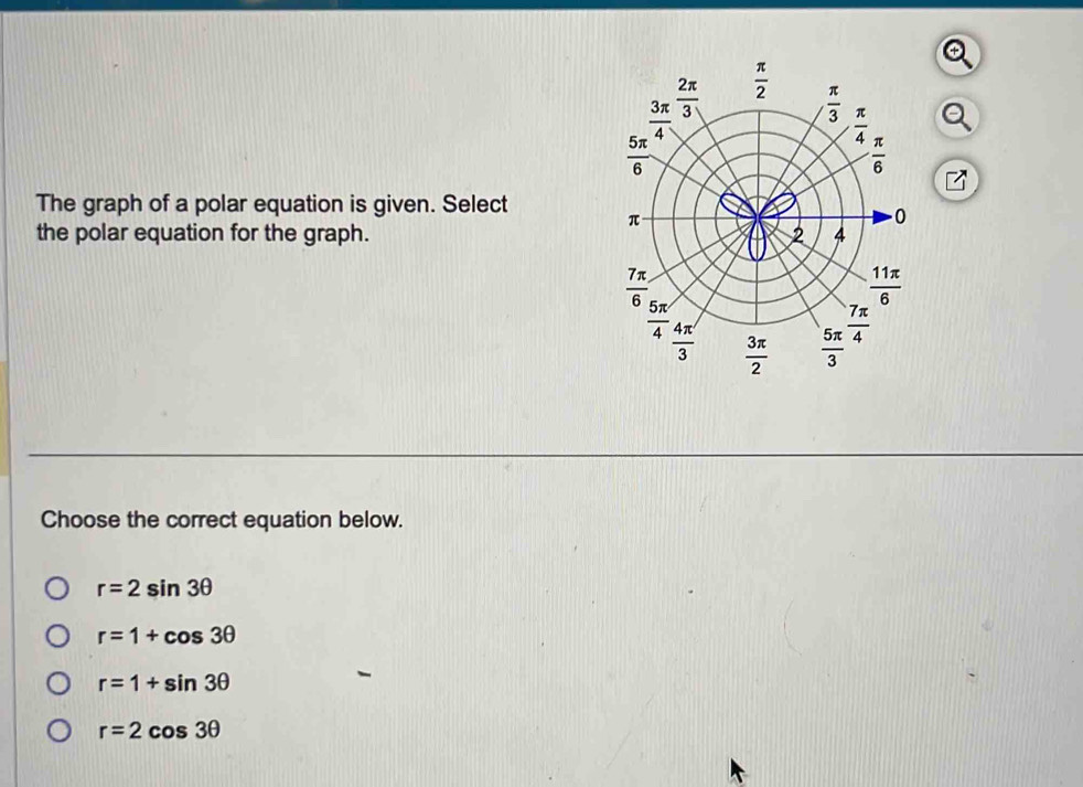 The graph of a polar equation is given. Select
the polar equation for the graph. 
Choose the correct equation below.
r=2sin 3θ
r=1+cos 3θ
r=1+sin 3θ
r=2cos 3θ