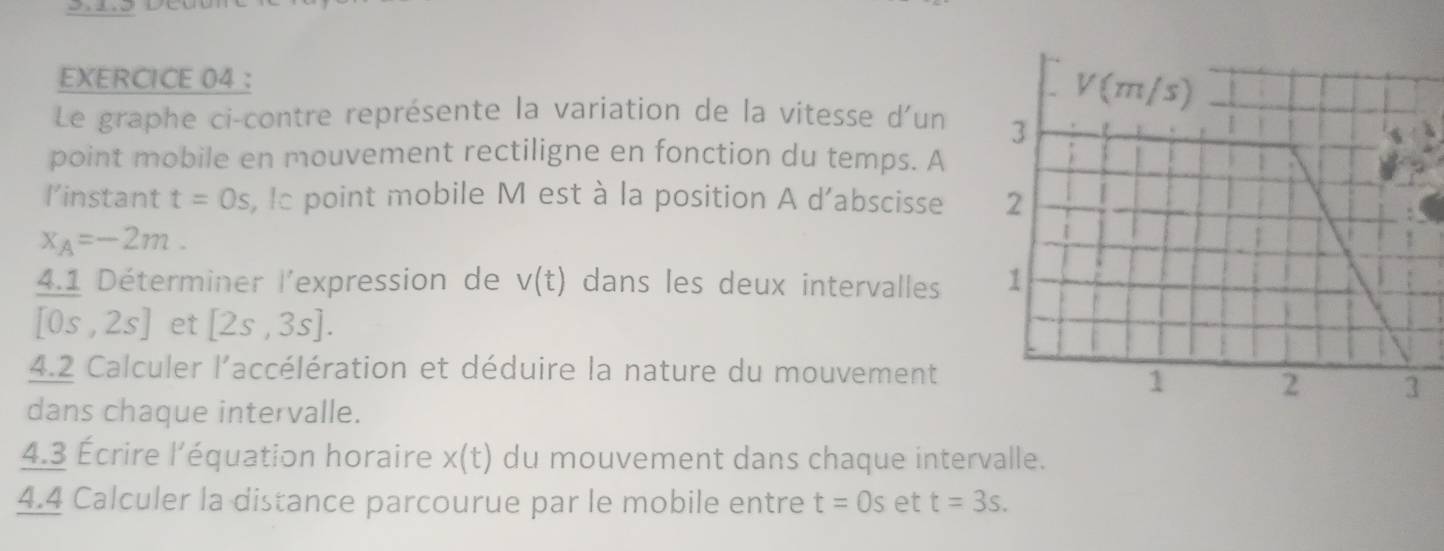 ：
Le graphe ci-contre représente la variation de la vítesse d'un
point mobile en mouvement rectiligne en fonction du temps. A
l’instant t=0s , le point mobile M est à la position A d'abscisse
x_A=-2m.
4.1 Déterminer l'expression de v(t) dans les deux intervalles
[0s,2s] et [2s,3s].
4.2 Calculer l'accélération et déduire la nature du mouvement
dans chaque intervalle.
4.3 Écrire l'équation horaire x(t) du mouvement dans chaque intervalle.
4.4 Calculer la distance parcourue par le mobile entre t=0s et t=3s.