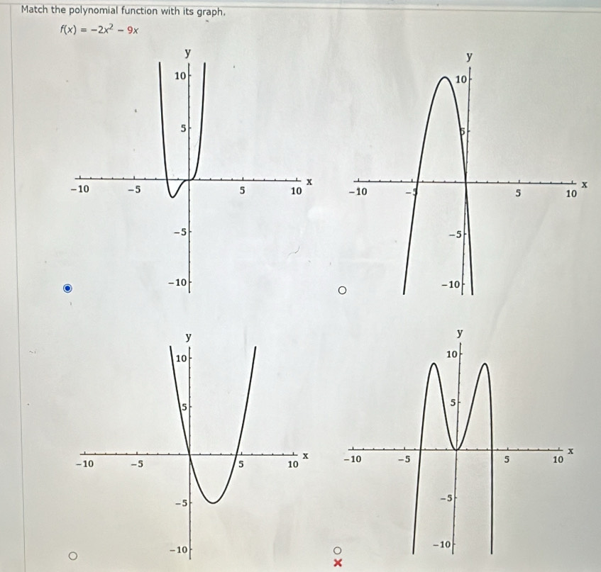 Match the polynomial function with its graph.
f(x)=-2x^2-9x