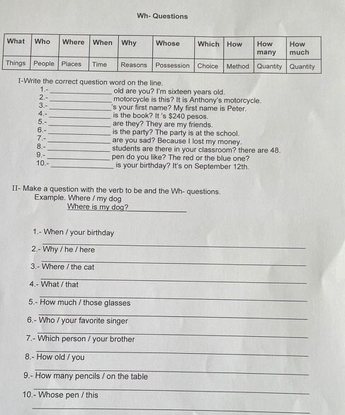 Wh- Questions 
I-Write the correct question word on the line. 
1.- _old are you? I'm sixteen years old. 
2.- _motorcycle is this? It is Anthony's motorcycle. 
3.-_ 's your first name? My first name is Peter. 
4.-_ is the book? It 's $240 pesos. 
5.- _are they? They are my friends. 
6.- _is the party? The party is at the school. 
7.- 
_are you sad? Because I lost my money. 
8.- _students are there in your classroom? there are 48. 
9.- _pen do you like? The red or the blue one? 
10. _is your birthday? It's on September 12th. 
II- Make a question with the verb to be and the Wh- questions. 
Example. Where / my dog 
Where is my dog?_ 
1.- When / your birthday 
_ 
2.- Why / he / here 
_ 
3.- Where / the cat 
_ 
4.- What / that 
_ 
5.- How much / those glasses 
_ 
6.- Who / your favorite singer 
_ 
7.- Which person / your brother 
_ 
8.- How old / you 
_ 
9.- How many pencils / on the table 
_ 
10.- Whose pen / this 
_