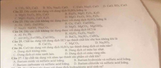 A. CO_2SO_2CuO. B SO_△ Na_2O,CaO. C. CaO,Na_2O,CaO. D.CaO,SO_2,CuO.
Câu 22. Dây oxide tác dụng với dung địch H_2SO_4 loǎng là
A. MgO,Fe_2O_1,SO_2,Ca.SO_1 B. Fe_2O_3.MgO,P_2O_3.K_2O.
C MgO,Fe_2O_3nCuO,K_2O D. MgO,Fe_2O_1,SO_2,P_2O_3.
3. Dây các chất không tác dạng được với dụng dịch H_2SO_4
Ciu (2,3
A. Zn,ZnO,Zn(OH)_2. B. Cu CuO. Cu(OH)_2. loāng là
C Na_2O,NaOH,Na_2CO_3. D. MgO,MgCO_3,Mg(OH)_2
Cầu 24. Dãy các chất không tác dụng được với dung dịch HCl là
A. Al, Fe, Pb.
B. Al_2O_3,Fe_2O_3,Na_2O
C. Al(OH)_2,Fe(OH)_3,Cu(OH)_2. D.
Cầu 25. Chất tác dụng với dung dịch HCl tạo thành chất khí nhẹ hơn không khí là BaCl_2,Na_2SO_4,CuSO_4.
A. Mg. B. CaCO_2. C. MgCO_3. D. Na_2SO_3.
Câu 26. CuO tác dụng với dung dịch H_2SO_4 tạo thành dung địch có màu nào?
A. Dung dịch không mâu. B. Dung địch cô màu lục nhạt.
C. Dung địch có màu xanh lam. D. Dung dịch có màu vàng nẫu.
Câu 27. Cập chất tác dụng với nhau tạo thành sân phẩm có chất khi?
A. Barium oxide và sulfuric acid loãng. B. Barium hydroxide và sulfuric acid loãng.
C. Barium carbonate và sulfuric acid loãng. D. Barium chloride và sulfuric acid loäng.
is d u n g  với dun g dịch hydrochloric acid sinh ra?