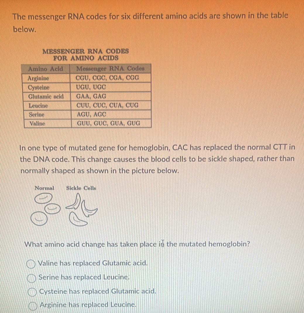 Solved: The messenger RNA codes for six different amino acids are shown ...