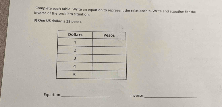 Complete each table. Write an equation to represent the relationship. Write and equation for the 
inverse of the problem situation. 
9) One US dollar is 18 pesos. 
Equation:_ Inverse:_