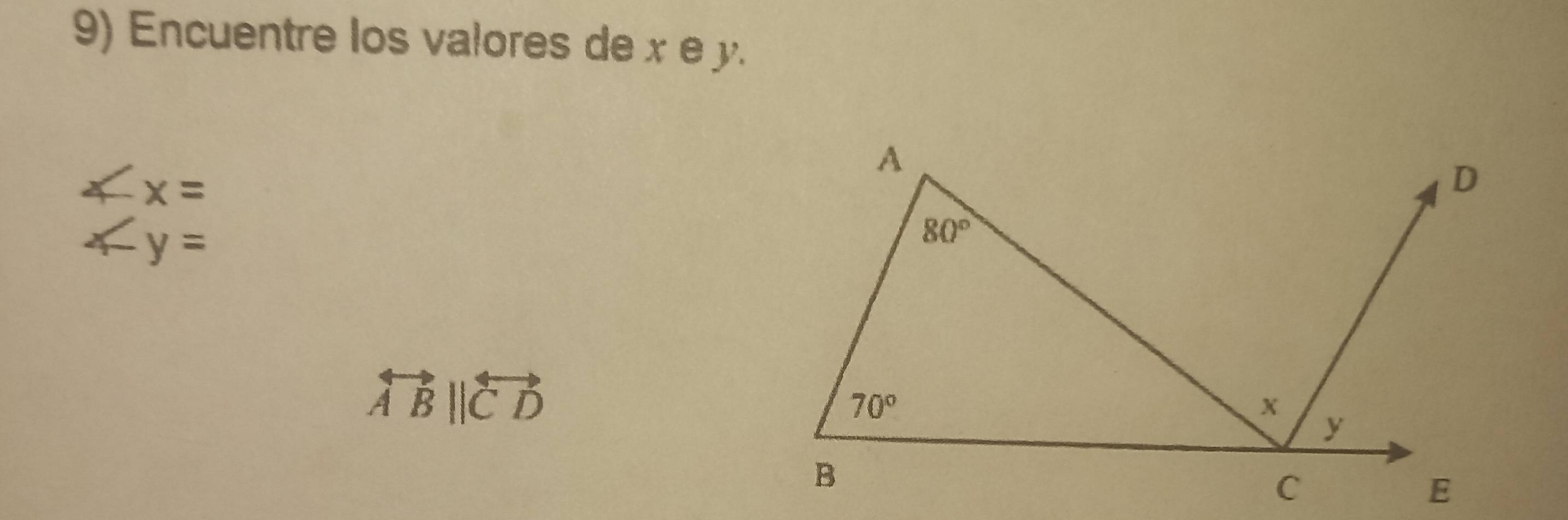 Encuentre los valores de x e y.
∠ x=
∠ y=
overleftrightarrow ABparallel overleftrightarrow CD