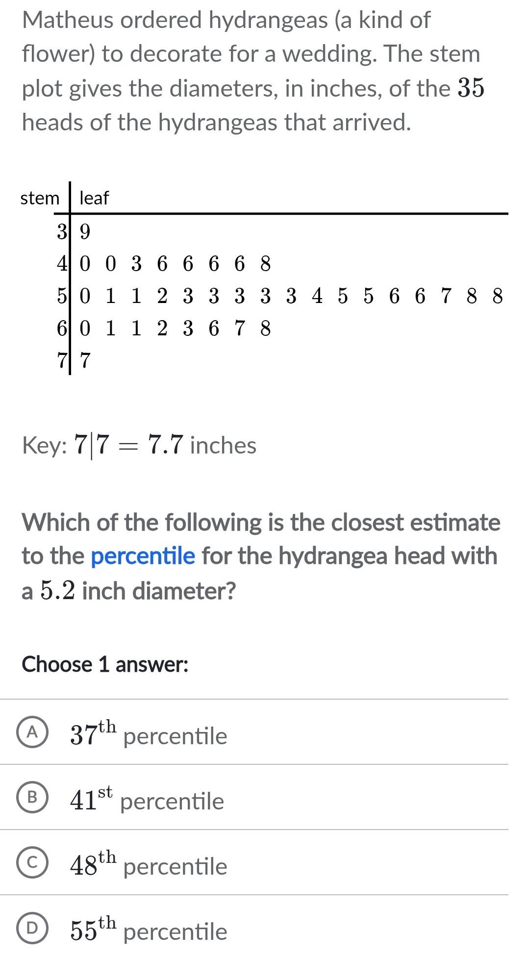 Matheus ordered hydrangeas (a kind of
flower) to decorate for a wedding. The stem
plot gives the diameters, in inches, of the 35
heads of the hydrangeas that arrived.
Key: 7|7=7.7 inches
Which of the following is the closest estimate
to the percentile for the hydrangea head with
a 5.2 inch diameter?
Choose 1 answer:
A 37^(th) percentile
B 41^(st) percentile
C 48^(th) percentile
D 55^(th) percentile