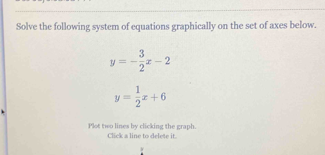 Solve the following system of equations graphically on the set of axes below.
y=- 3/2 x-2
y= 1/2 x+6
Plot two lines by clicking the graph.
Click a line to delete it.
y