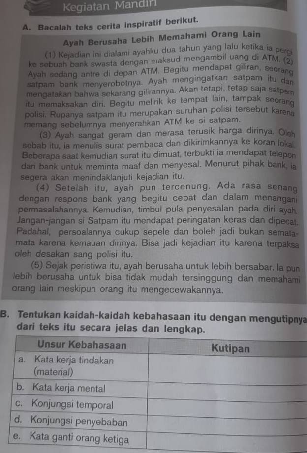 Kegiatan Mandır
A. Bacalah teks cerita inspiratif berikut.
Ayah Berusaha Lebih Memahami Orang Lain
(1) Kejadian ini dialami ayahku dua tahun yang lalu ketika ia pergi
ke sebuah bank swasta dengan maksud mengambil uang di ATM. (2)
Ayah sedang antre di depan ATM. Begitu mendapat giliran, seorang
satpam bank menyerobotnya. Ayah mengingatkan satpam itu dan
mengatakan bahwa sekarang gilirannya. Akan tetapi, tetap saja satpam
itu memaksakan diri. Begitu melirik ke tempat lain, tampak seorang
polisi. Rupanya satpam itu merupakan suruhan polisi tersebut karena
memang sebelumnya menyerahkan ATM ke si satpam.
(3) Ayah sangat geram dan merasa terusik harga dirinya. Oleh
sebab itu, ia menulis surat pembaca dan dikirimkannya ke koran lokal
Beberapa saat kemudian surat itu dimuat, terbukti ia mendapat telepon
dari bank untuk meminta maaf dan menyesal. Menurut pihak bank, ia
segera akan menindaklanjuti kejadian itu.
(4) Setelah itu, ayah pun tercenung. Ada rasa senang
dengan respons bank yang begitu cepat dan dalam menangani
permasalahannya. Kemudian, timbul pula penyesalan pada diri ayah.
Jangan-jangan si Satpam itu mendapat peringatan keras dan dipecat.
Padahal, persoalannya cukup sepele dan boleh jadi bukan semata-
mata karena kemauan dirinya. Bisa jadi kejadian itu karena terpaksa
oleh desakan sang polisi itu.
(5) Sejak peristiwa itu, ayah berusaha untuk lebih bersabar. la pun
lebih berusaha untuk bisa tidak mudah tersinggung dan memahami
orang lain meskipun orang itu mengecewakannya.
B. Tentukan kaidah-kaidah kebahasaan itu dengan mengutipnya
dari teks itu secara jelas dan lengkap.