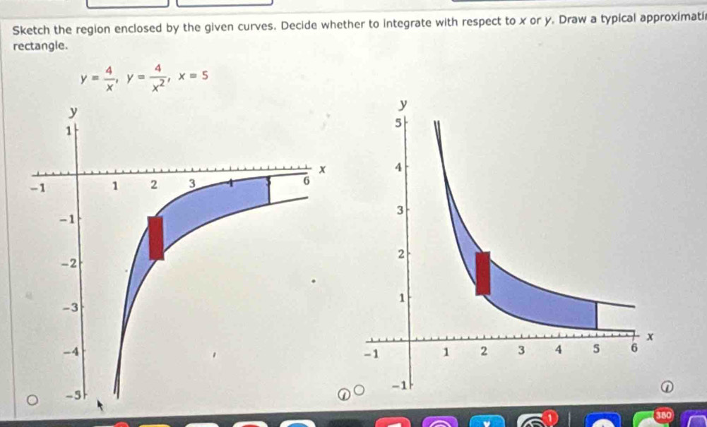 Sketch the region enclosed by the given curves. Decide whether to integrate with respect to x or y. Draw a typical approximati 
rectangle.
y= 4/x , y= 4/x^2 , x=5