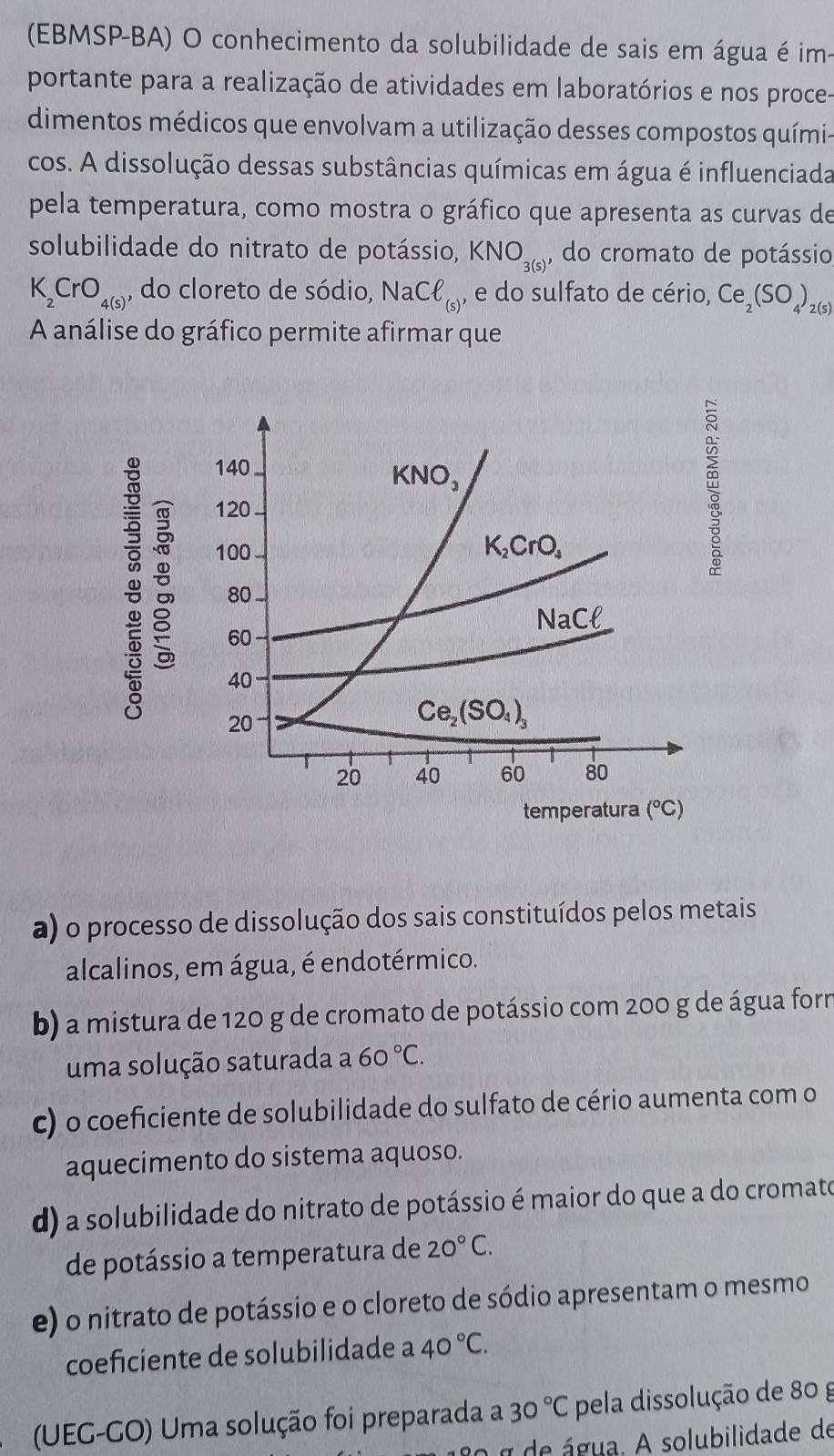 (EBMSP-BA) O conhecimento da solubilidade de sais em água é im-
portante para a realização de atividades em laboratórios e nos proce-
dimentos médicos que envolvam a utilização desses compostos quími-
cos. A dissolução dessas substâncias químicas em água é influenciada
pela temperatura, como mostra o gráfico que apresenta as curvas de
solubilidade do nitrato de potássio, KNO_3(s) , do cromato de potássio
K_2CrO_4(s) , do cloreto de sódio, NaCell _(s), , e do sulfato de cério, Ce_2(SO_4)_2(s)
A análise do gráfico permite afirmar que
a) o processo de dissolução dos sais constituídos pelos metais
alcalinos, em água, é endotérmico.
b) a mistura de 120 g de cromato de potássio com 200 g de água form
uma solução saturada a 60°C.
c) o coeficiente de solubilidade do sulfato de cério aumenta com o
aquecimento do sistema aquoso.
d) a solubilidade do nitrato de potássio é maior do que a do cromato
de potássio a temperatura de 20°C.
e) o nitrato de potássio e o cloreto de sódio apresentam o mesmo
coeficiente de solubilidade a 40°C.
(UEG-GO) Uma solução foi preparada a 30°C pela dissolução de 80 g
100 a de água. A solubilidade de