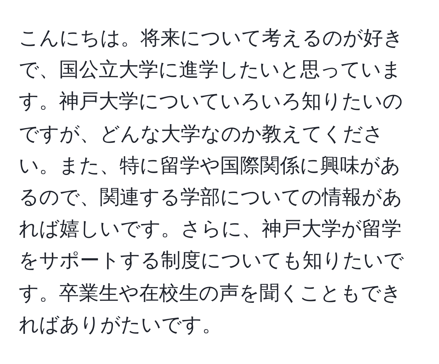 こんにちは。将来について考えるのが好きで、国公立大学に進学したいと思っています。神戸大学についていろいろ知りたいのですが、どんな大学なのか教えてください。また、特に留学や国際関係に興味があるので、関連する学部についての情報があれば嬉しいです。さらに、神戸大学が留学をサポートする制度についても知りたいです。卒業生や在校生の声を聞くこともできればありがたいです。