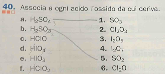 Associa a ogni acido l’ossido da cui deriva. 
a. H_2SO_4 _1. SO_3
b. H_2SO_3 2. Cl_2O_3
c. HCIO 3. I_2O_5
d. HIO_4 4. I_2O_7
e. HIO_3 5. SO_2
f. HClO_2 6. Cl_2O