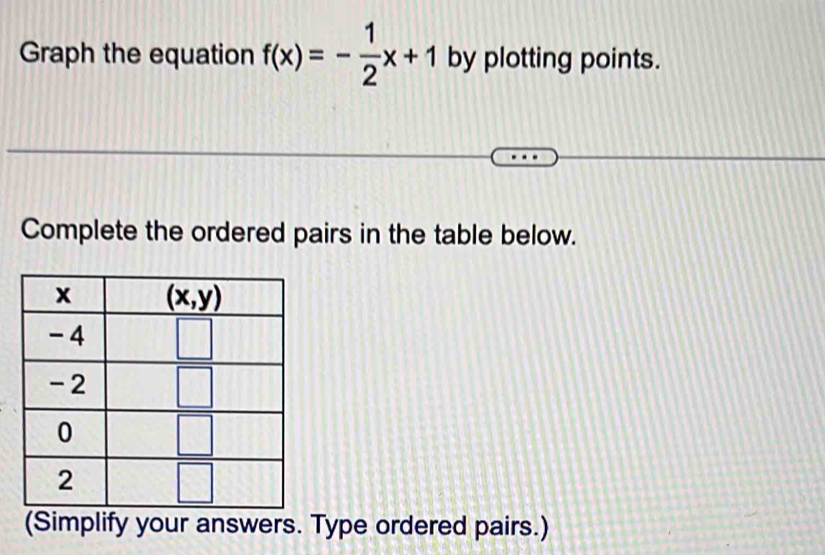 Graph the equation f(x)=- 1/2 x+1 by plotting points.
Complete the ordered pairs in the table below.
(Simplify your answers. Type ordered pairs.)