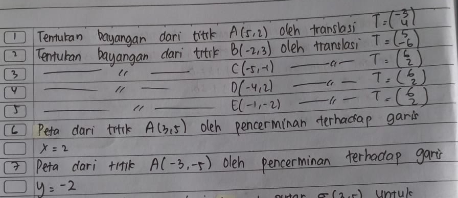 Tenturan bayangan dari titrk A(5,2) oleh translasi T=beginpmatrix -3 4endpmatrix
Tentukan bayangan dari trirk B(-2,3) oleh translasi T=beginpmatrix 5 -6endpmatrix
3 
_ 
_
C(-5,-1).a T=beginpmatrix 6 2endpmatrix
9 
_ 
11 
_
D(-4,2) _ _(1 _ T=beginpmatrix 6 2endpmatrix
_ 
_ T=beginpmatrix 6 2endpmatrix
5 
11 
_ E(-1,-2)
Peta dari trink A(3,5) oleh pencerminan terhacap garis
x=2
Peta dari ti+1k A(-3,-5) oleh pencerminan terhadap gari
y=-2
(2,5) untule