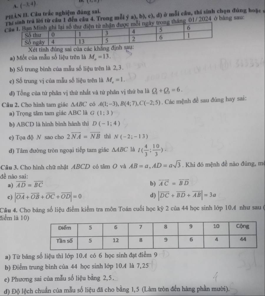 A. (-3;4).
D. (x,∈fty )
PHÀN II. Câu trắc nghiệm đúng sai.
lời từ câu 1 đến câu 4. Trong mỗi ý a ,b),c),d) ở mỗi câu, thí sinh chọn đúng hoặc s
g 01/2024 ở bảng sau:
Xét tính đúng sai của các khẳng đị
a) Mốt của mẫu số liệu trên là M_o=13.
b) Số trung bình của mẫu số liệu trên là 2,3 .
c) Số trung vị của mẫu số liệu trên là M_e=1.
d) Tổng của tứ phân vị thứ nhất và tứ phân vị thứ ba là Q_1+Q_3=6.
Câu 2. Cho hình tam giác △ ABC có A(1;-3),B(4;7),C(-2;5). Các mệnh đề sau đúng hay sai:
a) Trọng tâm tam giác ABC là G(1;3)
b) ABCD là hình bình hành thì D(-1;4)
c) Tọa độ N sao cho 2overline NA=overline NB thì N(-2;-13)
d) Tâm đường tròn ngoại tiếp tam giác △ ABC là I( 4/3 ; 10/3 ).
Câu 3. Cho hình chữ nhật ABCD có tan O và AB=a,AD=asqrt(3). Khi đó mệnh đề nào đúng, mô
đề nào sai:
a) vector AD=vector BC b) overline AC=overline BD
d)
c) |vector OA+vector OB+vector OC+vector OD|=0 |overline DC+overline BD+overline AB|=3a
Câu 4. Cho bảng số liệu điểm kiểm tra môn Toán cuối học kỳ 2 của 44 học sinh lớp 10.4 như sau (
liểm là 10)
a) Từ bảng số liệu thì lớp 10.A có 6 học sinh đạt điểm 9
b) Điểm trung bình của 44 học sinh lớp 10A là 7,25
c) Phương sai của mẫu số liệu bằng 2,5.
d) Độ lệch chuẩn của mẫu số liệu đã cho bằng 1,5 (Làm tròn đến hàng phần mười).