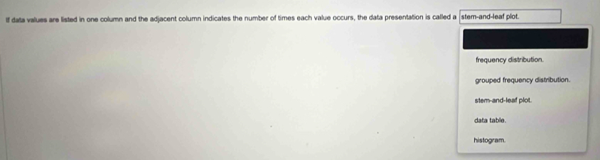 lf data values are listed in one column and the adjacent column indicates the number of times each value occurs, the data presentation is called a stem-and-leaf plot. 
frequency distribution. 
grouped frequency distribution. 
stem-and-leaf plot. 
data table. 
histogram.