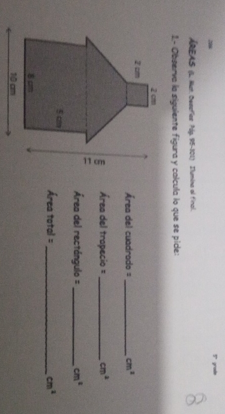 28 
5° grade 
ÁREAS (L. Nat. Desafies Páp. 95-101) Ilumina al final. 
1.- Observa la siguiente figura y calcula lo que se pide:
Área del cuadrado = _  cm^2
Área del trapecio = _  cm^2
Área del rectángulo = _  cm^2
Área total =_ cm^2