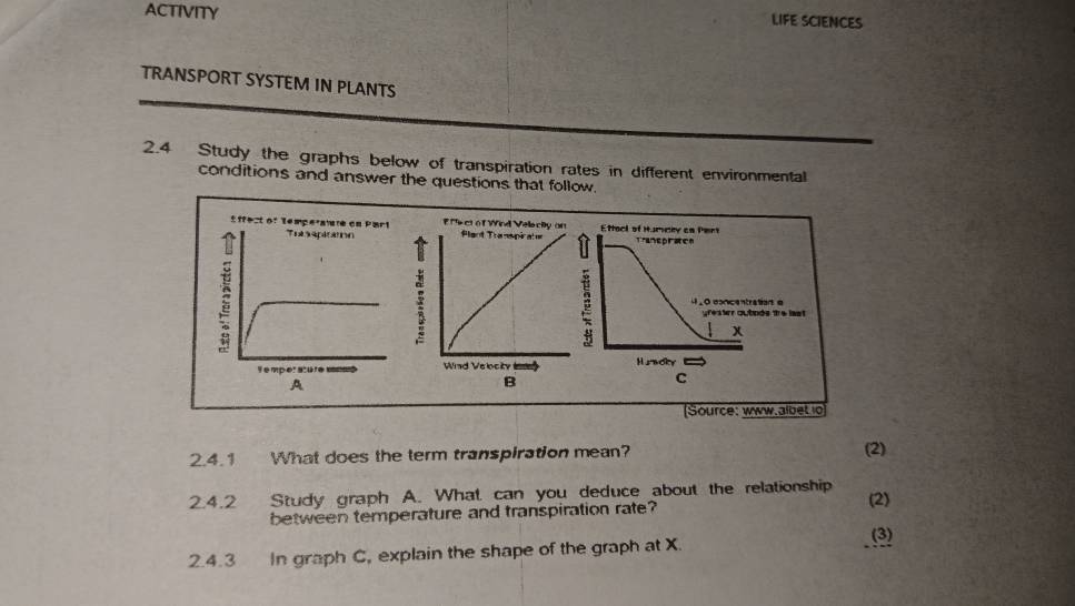 ACTIVITY 
LIFE SCIENCES 
TRANSPORT SYSTEM IN PLANTS 
2.4 Study the graphs below of transpiration rates in different environmental 
conditions and answer the questions that follow. 
t ifect of Tempera E fectof Wind Velecity on 
: 
U 
V emper atureWad Velocity (ss H sBoky 
A 
B 
C 
Source: www.albet io 
2.4.1 What does the term transpiration mean? (2) 
2.4.2 Study graph A. What can you deduce about the relationship (2) 
between temperature and transpiration rate? 
2.4.3 In graph C, explain the shape of the graph at X. 
(3)