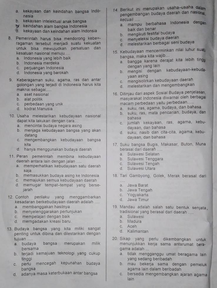 a. kekayaan dan keindahan bangsa Indo- 14. Berikut ini merupakan usaha-usaha daam
nesia pengembangan budaya daerah dan nasiona
b. kekayaan intelektual anak bangsa kecuali
keindahan alam bangsa Indonesia a mampu berbahasa indonesia dengan
d. kekayaan dan keindahan alam Indonsia baik dan benar
b. mengikuti festifal budaya
8. Pemerintah harus bisa mendorong kebe=- c. menyeleksi budaya daerah
ragaman tersebut menjadi suatu kekuatan d. melestarikan berbagai seni budaya
untuk bisa mewujudkan persatuan dan
kesatuan nasional menuju.... 15. Kebudayaan mencerminkan nilai luhur sua
a. Indonesia yang lebih baik bangsa, maka kita wajib...
b. Indonesia merdeka a. bangga karena derajat kita lebih ting
c perjuangan Indonesia dengan yang lain
d. Indonesia yang barokah b. mengisi dengan kebudayaan-kebuda
yaan asing
9. Keberagaman suku, agama, ras dan antar c. mengisolirkan kebudayaan daerah
golongan yang terjadi di Indonesia harus kita d. melestarikan dan mengembangkan
maknai sebagai.....
a. aset nasional 16. Ditinjau dari aspek Sosial Budaya penjelasan
b. alat politik masyarakat Indonesia diwarnai oleh berbagai
c. perbedaan yang unik macam perbedaan yaitu perbedaan.....
d kodrat Manusia a. suku, ras, agama, budaya, dan bahasa
10. Usaha melestarikan kebudayaan nasional b. suku, ras, mata pencarian, budaya, dan
bahasa
dapat kita lakukan dengan cara...
a. mencintai budaya negara asing c. jumlah kekayaan, ras, agama, kebu-
dayaan, dan bahasa
b. menjaga kebudayaan bangsa yang akan d. suku, nasib dan cita-cita, agama, kebu-
datang
c. mengembangkan kebudayaan bangsa dayaan, dan bahasa
kita 17. Suku bangsa Bugis, Makasar, Buton, Muna
d. hanya menggunakan budaya daerah berasal dari daerah ..
a. Sulawesi Selatan
11. Peran pemerintah membina kebudayaan b Sulawesi Tenggara
daerah antara lain dengan jalan .... c. Sulawesi Tengah
a. memperhatikan kebudayaan satu daerah d. Sulawesi Utara
saja
b. memasukkan budaya asing ke Indonesia 18. Tari Gambyong, Golek, Merak berasal dari
c. memajukan semua kebudayaan daerah
d. memugar tempat--tempat yang berse- a. Jawa Barat
jarah b. Jawa Tengah
12. Contoh perilaku yang menggambarkan c. Yogyakarta
kesadaran berkebudayaan daerah adalah .... d. Jawa Timur
a. membanggakan hasilnya 19. Mandau adalah salah satu bentuk senjata
b. menyelenggarakan pertunjukan tradisional yang berasal dari daerah ....
c. mempelajari dengan baik a Sulawesi
d. merngadakan kreasi baru. b Madura
13. Budaya bangsa yang kita miliki sangat c. Aceh d. Kalimantan
penting untuk dibina dan dilestarikan dengan
tujuan .... 20. Sikap yang perlu dikembangkan untuk
a. budaya bangsa merupakan milik menunjukkan kerja sama antarumat bera-
bersama gama adalah ...
b. terjadi kemajuan teknologi yang cukup a tidak mengganggu umat beragama lain
tinggi yang sedang beribadah
c. perlu mencegah kepunahan budaya b. mau bekerja sama dengan pemeluk
bangsa agama lain dalam beribadah
d. adanya masa keterbukaan antar bangsa c. bersedia mengembangkan ajaran agama
lain