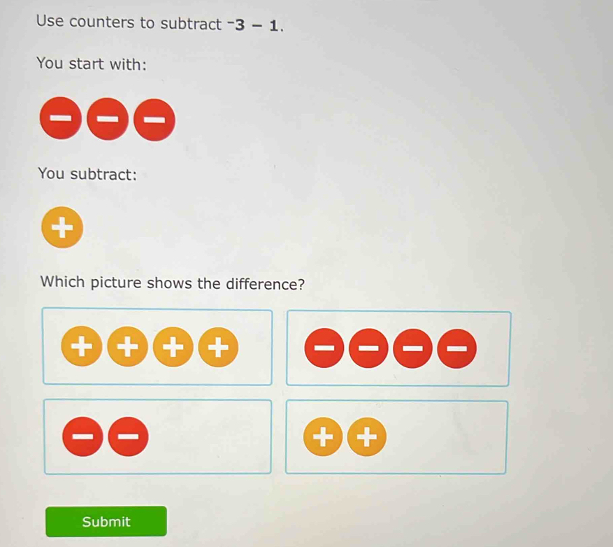 Solved: Use counters to subtract^-3-1. You start with: You subtract ...