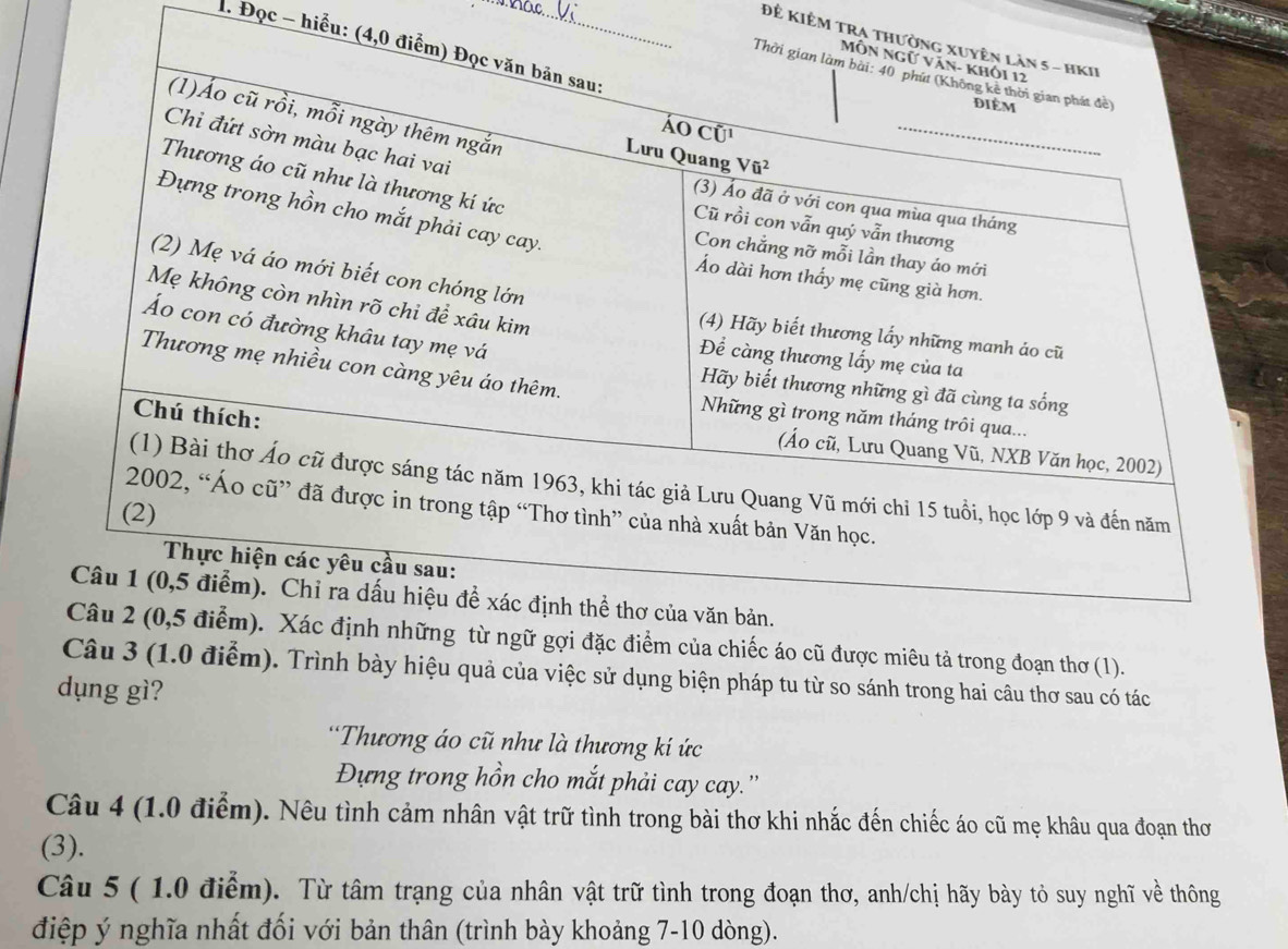 Đẻ Kiêm TRA t
1. Đọc - hiểu: (4
hiếc áo cũ được miêu tả trong đoạn thơ (1).
Câu 3 (1.0 điểm). Trình bày hiệu quả của việc sử dụng biện pháp tu từ so sánh trong hai câu thơ sau có tác
dụng gì?
'Thương áo cũ như là thương kí ức
Đựng trong hồn cho mắt phải cay cay.''
Câu 4 (1.0 điểm). Nêu tình cảm nhân vật trữ tình trong bài thơ khi nhắc đến chiếc áo cũ mẹ khâu qua đoạn thơ
(3).
Câu 5 ( 1.0 điểm). Từ tâm trạng của nhân vật trữ tình trong đoạn thơ, anh/chị hãy bày tỏ suy nghĩ về thông
điệp ý nghĩa nhất đối với bản thân (trình bày khoảng 7-10 dòng).