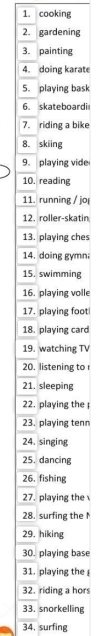 cooking 
2. gardening 
3. painting 
4. doing karate 
5. playing bask 
6. skateboardi 
7. riding a bike 
8. skiing 
9. playing vide 
10. reading 
11. running / jo 
12. roller-skatin 
13. playing ches 
14. doing gymn 
15. swimming 
16. playing volle 
17. playing foot 
18. playing card 
19. watching TV 
20. listening to r 
21. sleeping 
22. playing the 
23. playing tenn 
24. singing 
25. dancing 
26. fishing 
27. playing the 
28. surfing the M 
29. hiking 
30. playing base 
31. playing the 
32. riding a hors 
33. snorkelling 
34, surfing