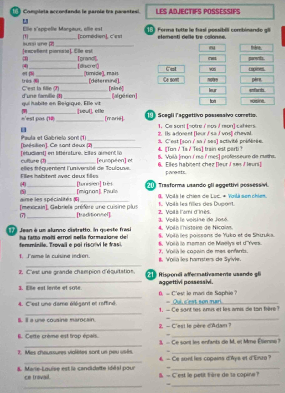 Completa accordando le parole tra parentesi. LES ADJECTIFS POSSESSIFS
Elle s'appelle Margaux, elle est 18 Forma tutte le frasi possibili combinando gli
(1) _[comedien], c'est elementi delle tre colonne.
aussi une (2)_
ma
(excellent pianiste). Elle est frère.
-3_ [grand], mes parents
(4)_ [discret] copines.
C'est vos
et (5)_ (timide], mais
très (6) _[déterminé]. Ce sont notre père.
C'est in fille (7)_ [ainé] enfants.
leur
d'une famille (8) _[algérien]
qui habite en Belgique. Elle vit ton voisine.
(9) _[seul], elle
n'est pas (10) _[marié], 19 Scegli l'aggettivo possessivo corretto.
1, Ce sont [notre / nos / mon] cahiers.
2. lls adorent [leur / sa / vos] cheval.
Paula et Gabriela sont (1)_
3 C'est [son / sa / ses] activité préférée.
[brésilien]. Ce sont deux (2)_
4.[Ton / Ta / Tes] train est parti ?
(étudiant) en littérature. Elles aiment la
culture (3)_ [européen] et 5. Voilà [mon / ma / mes] professeure de maths.
elles fréquentent l'université de Toulouse. 6. Elles habitent chez [leur / ses / leurs]
Elles habitent avec deux filles
parents.
(4)_ [tunisien] très 20 Trasforma usando gli aggettivi possessivi.
5_ [mignon]. Paula
aime les spécialités (6) _0 Voilà le chien de Luc.  Voilà son chien.
[mexicain), Gabriela préfère une cuisine plus 1. Voilà les filles des Dupont.
(7) _[traditionnel]. 2. Voilà l'ami d'Inès.
3. Voilà la voisine de José.
Jean è un alunno distratto. In queste frasi 4. Voilà l'histoire de Nicolas.
ha fatto molti errori nella formazione del 5. Voilà les poissons de Yuko et de Shizuka.
femminile. Trovali e poi riscrivi le frasi. 6. Voilà la maman de Maelys et d'Yves.
7. Voilà le copain de mes enfants.
_
1. J'aime la cuisine indien. 8 Voilà les hamsters de Sylvie.
2. C'est une grande champion d'équitation. 2 Rispondi affermativamente usando gli
_aggettivi possessivi.
3. Elle est lente et sote.
_
0— C'est le mari de Sophie ?
-
4. C'est une dame élégant et raffiné. Oui, c'est son mari.
_
1. — Ce sont tes amis et les amis de ton frère?
5. Il a une cousine marocain.
_-
_
. — C'est le père d'Adam ?
. Cette crème est trop épais.
_-
_
3. — Ce sont les enfants de M. et Mme Étienne?
7. Mes chaussures violètes sont un peu usés._
_
4. — Ce sont les copains d'Aya et d'Enzo?
8. Marie-Louise est la candidatte idéal pour -_
ce travail.  — C'est le petit frère de ta copine ?
_
_