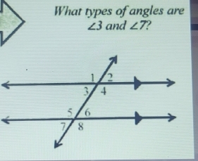 What types of angles are
∠ 3 and ∠ 7