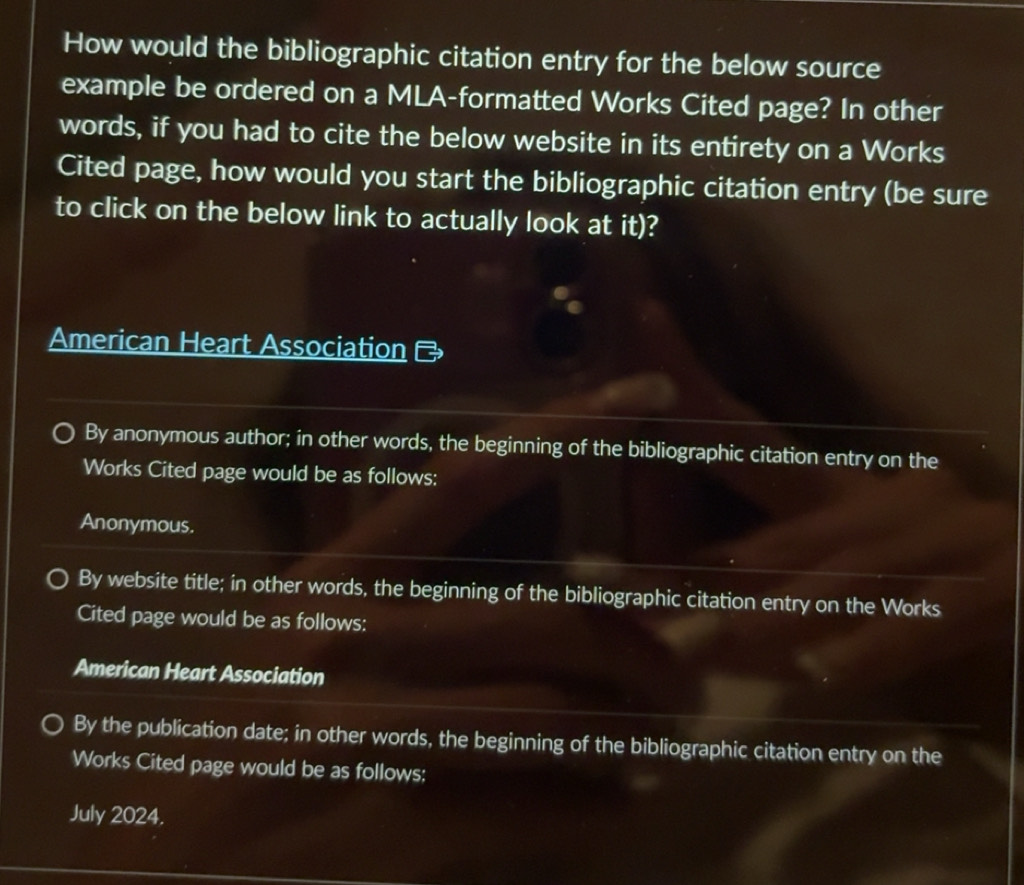 Solved: How would the bibliographic citation entry for the below source ...