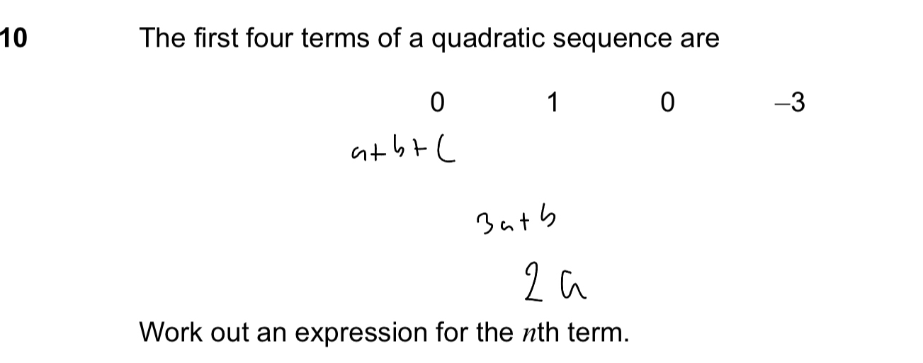 The first four terms of a quadratic sequence are
0
1
0
-3
Work out an expression for the nth term.