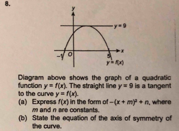 Diagram above shows the graph of a quadratic
function y=f(x). The straight line y=9 is a tangent
to the curve y=f(x).
(a) Express f(x) in the form of -(x+m)^2+n , where
m and n are constants.
(b) State the equation of the axis of symmetry of
the curve.